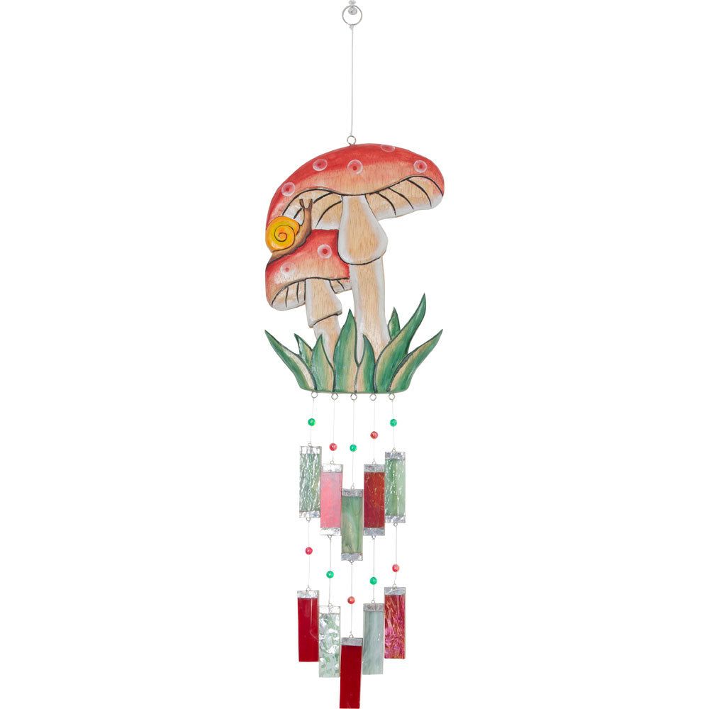 22&quot; Glass Wind Chime with Wooden Mushrooms, SKU KH-30281, UPC 700317311805