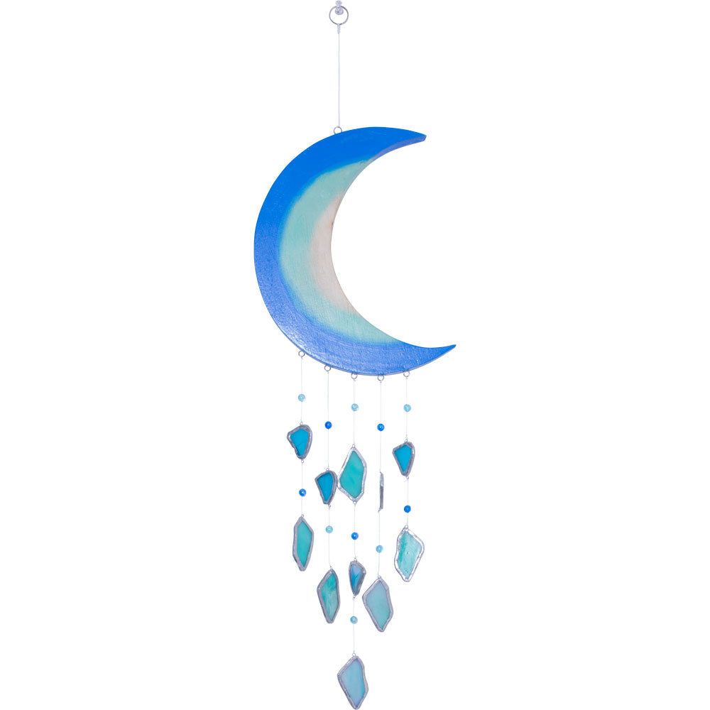23&quot; Glass Wind Chime with Wooden Crescent Moon, SKU KH-30282, UPC 700317311812