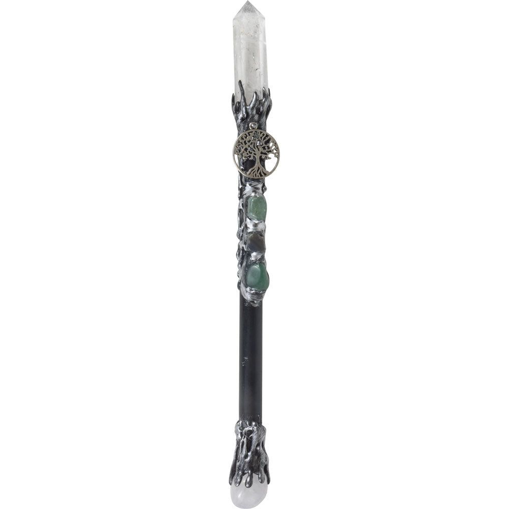 10&quot; Magick Wand - Clear Quartz Point with Silver Tree of Life, SKU KH-69013, UPC 700317352990