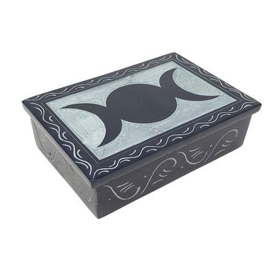4&quot; x 6&quot; Triple Moon Carved Black Soapstone Box, SKU F06-043-73, UPC 700317301752