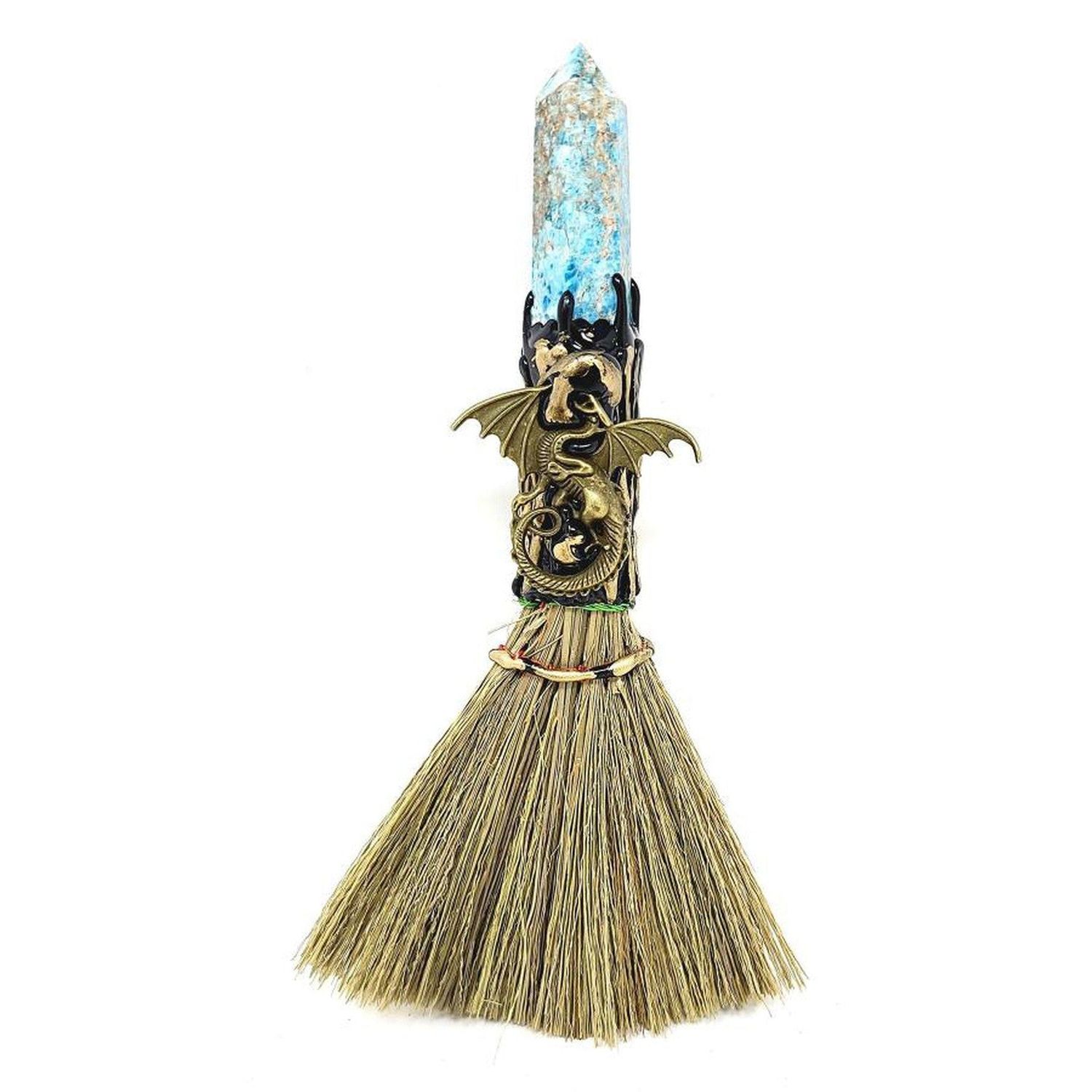 8&quot; Wicca Gemstone Broom - Blue Apatite with Gold Dragon, SKU T00-BRM-007, UPC 700317381365