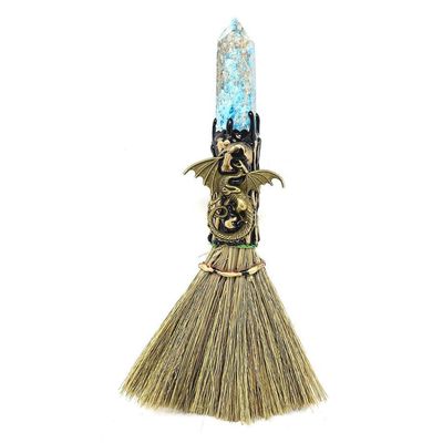 8&quot; Wicca Gemstone Broom - Blue Apatite with Gold Dragon, SKU T00-BRM-007, UPC 700317381365