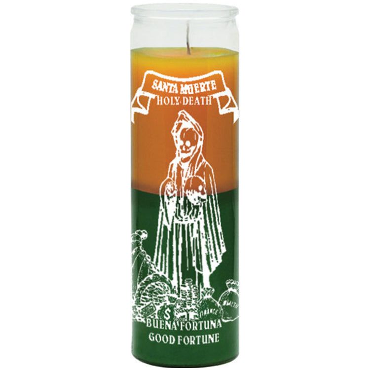 7 Day Glass Candle 2 Color Holy Death / Good Fortune - Green / Gold, SKU WP-576-355, UPC 7003173923…
