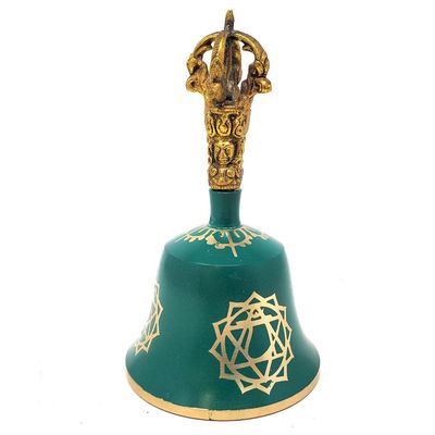 5.5&quot; Green Heart Tibetan Hand Bell (Note &quot;D&quot;), SKU 91041-G, UPC 700317303251