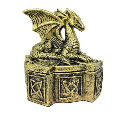 5&quot; Celtic Guarding Dragon Antique Golden Polish Poly Resin Box, SKU J06-CCRB-03, UPC 700317313724