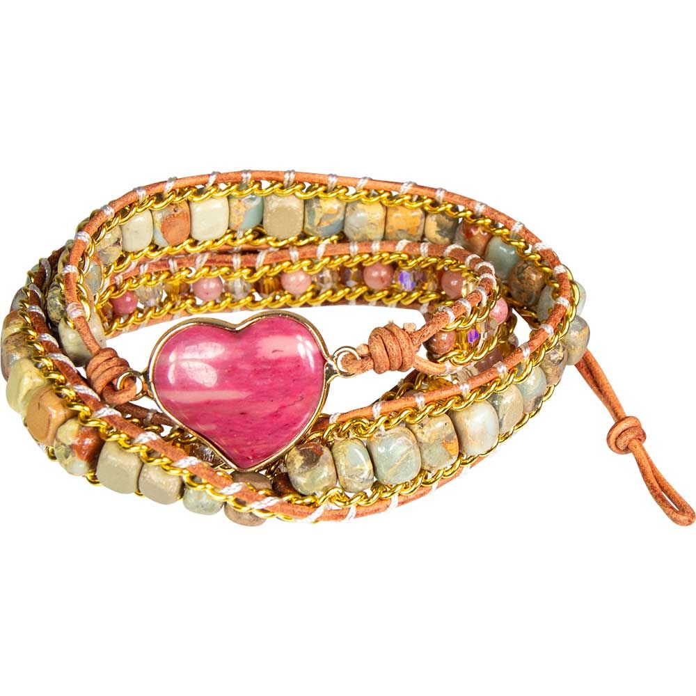 Wrap Bracelet Leather &amp; Agalmatolite with Rhodonite Accent, SKU KH-98434, UPC 700317398905