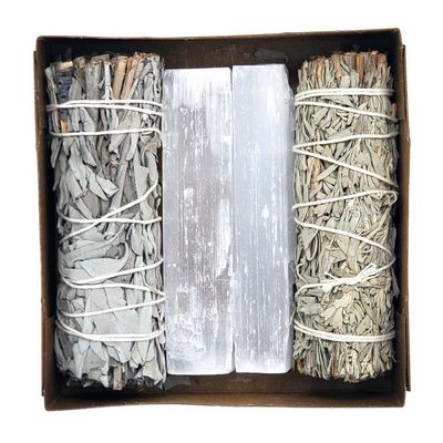 Cleansing Kit - 4&quot; White Sage, Blue Sage, Selenite Sticks (Set of 4), SKU L00-SGEKIT-01, UPC 700317…
