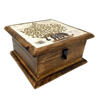 7&quot; Carved Wood Box - Elephant Tree, SKU G07-16-MT9, UPC 700317314363
