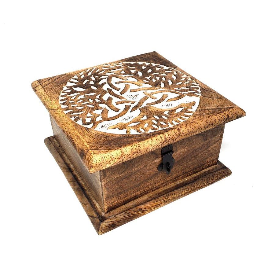 7&quot; x 7&quot; Carved Wood Box - Triquetra Tree of Life, SKU MT12, UPC 700317304579