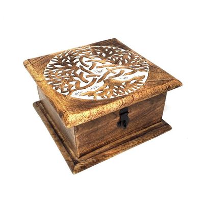 7&quot; x 7&quot; Carved Wood Box - Triquetra Tree of Life, SKU MT12, UPC 700317304579