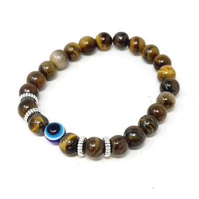 8 mm Elastic Bracelet - Tiger&#39;s Eye with Evil Eye, SKU T00-Bracelet-09, UPC 700317381235