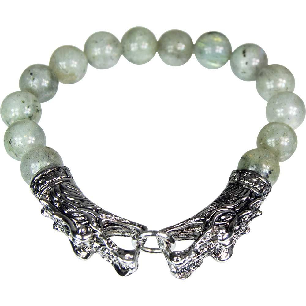 10 mm Elastic Bracelet Round Beads - Labradorite with Stainless Steel Dragon Heads, SKU KH-98406, U…