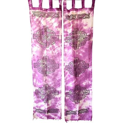 22&quot; x 72&quot; Celtic Cross Purple Tie Dye Cotton Curtain (Set of 2), SKU T04-22-SC80-Cross-Purple, UPC …