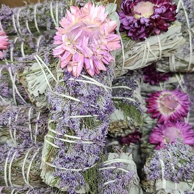 4&quot; White Sage with Caspia &amp; Paper Flower Smudge Stick, SKU MS1-N47-1, UPC 700317304494