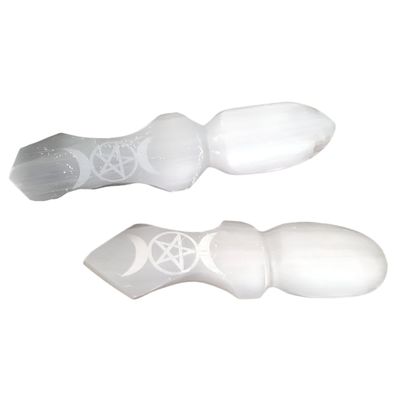 8&quot; Selenite Carved Altar Athame - Pentagram Triple Moon, SKU SEL-Knife-TGP, UPC 700317305446