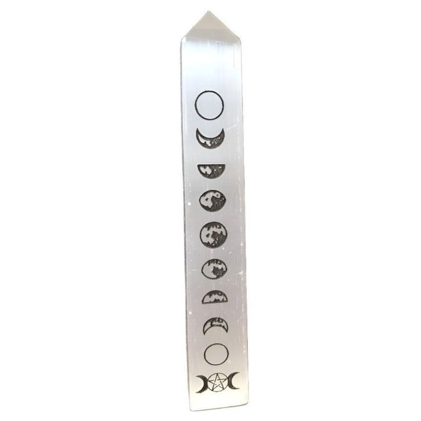 7&quot; Selenite Triple Moon Pentagram Obelisk Tower, SKU M01-89-TWO-TMP-1, UPC 700317383093