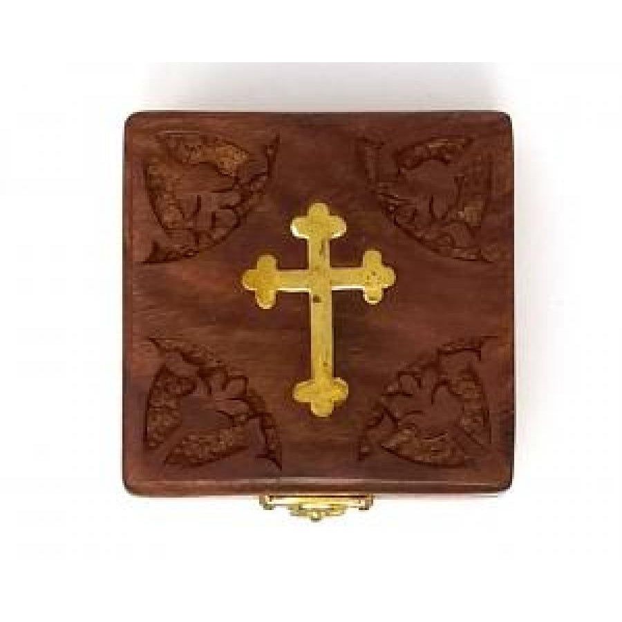 3&quot; Cross Inlaid Wooden Box, SKU B28, UPC 700317302131