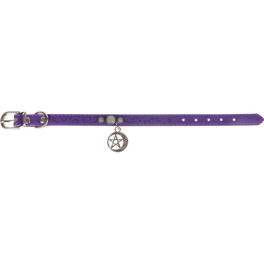 Vegan Leather Cat or Dog Collar - Crescent Moon with Pentacle, SKU KH-11009, UPC 700317355090