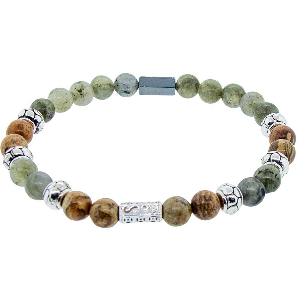 6 mm Elastic Bracelet Round Beads - Labradorite &amp; Picture Jasper with Hematite &amp; Silver Accent Bead…