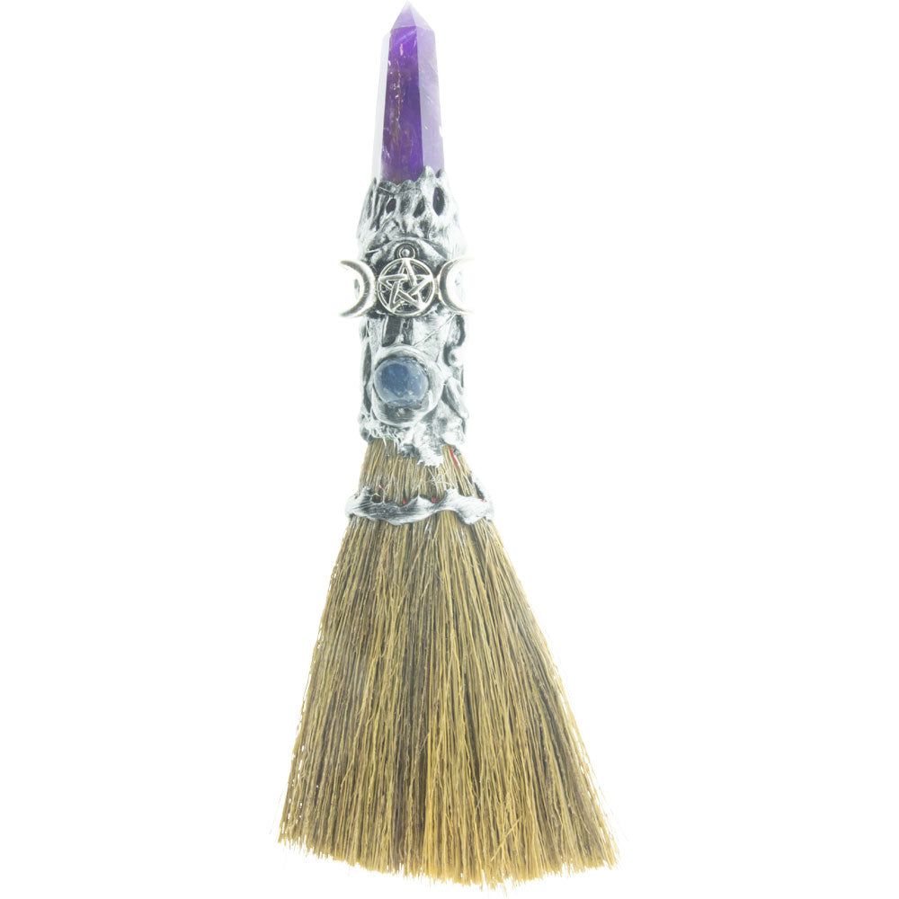 8&quot; Wicca Gemstone Broom - Amethyst with Silver Triple Moon, SKU KH-27354, UPC 700317353737