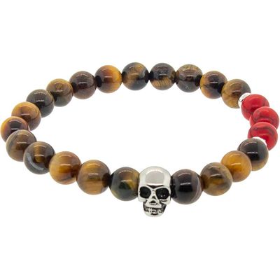 8 mm Elastic Bracelet Round Beads - Tiger Eye &amp; Red Imperial Jasper with Stainless Steel Skull, SKU…