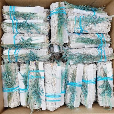 4&quot; White Sage &amp; Blue Floral with Selenite Crystal Smudge Stick, SKU MS1-N71-D25, UPC 700317397366