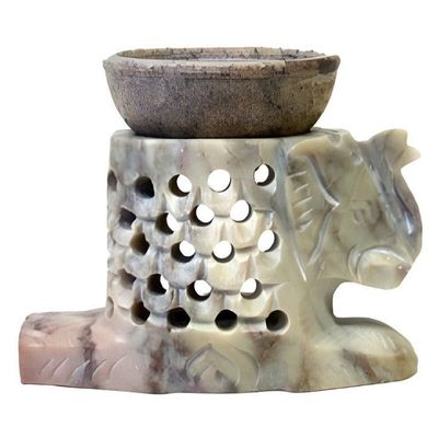3.75&quot; Elephant Carved Soapstone Oil Aroma Lamp, SKU E01-SBR30, UPC 700317381808