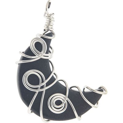 1.5&quot; Wire Wrapped Crescent Moon Pendant - Black Agate, SKU KH-99462, UPC 700317357162