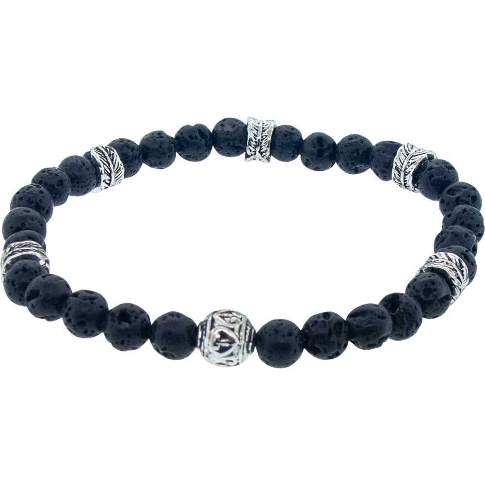 6 mm Elastic Bracelet Round Beads - Lava with Leaf Rondelles, SKU KH-98415, UPC 700317398578