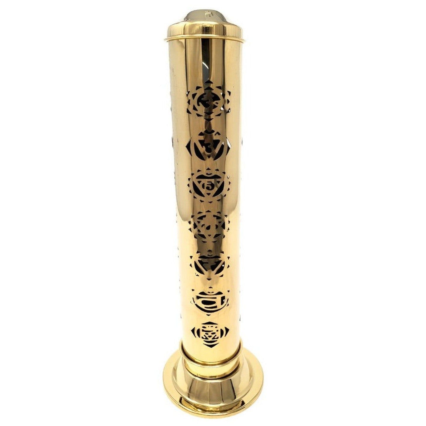 12&quot; Chakras Carved Brass Tower Incense Burner, SKU I08-807BR-D, UPC 700317372233