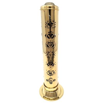 12&quot; Chakras Carved Brass Tower Incense Burner, SKU I08-807BR-D, UPC 700317372233