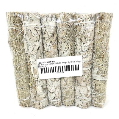8-9&quot; Blue Sage &amp; White Sage Smudge Stick, SKU L02-03-WS1-BS-1, UPC 700317378372
