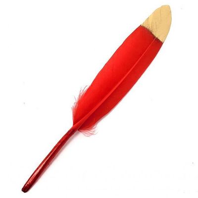 5-6&quot; Passion Red Feather with Golden Tip, SKU K02-03-FTH-SML-RDGT-1, UPC 700317354871