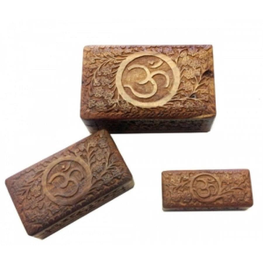 Om Carved Wooden Box Set of 3 (8&quot;, 6.5&quot;, 5.5&quot; inch), SKU WBX94, UPC 700317302148