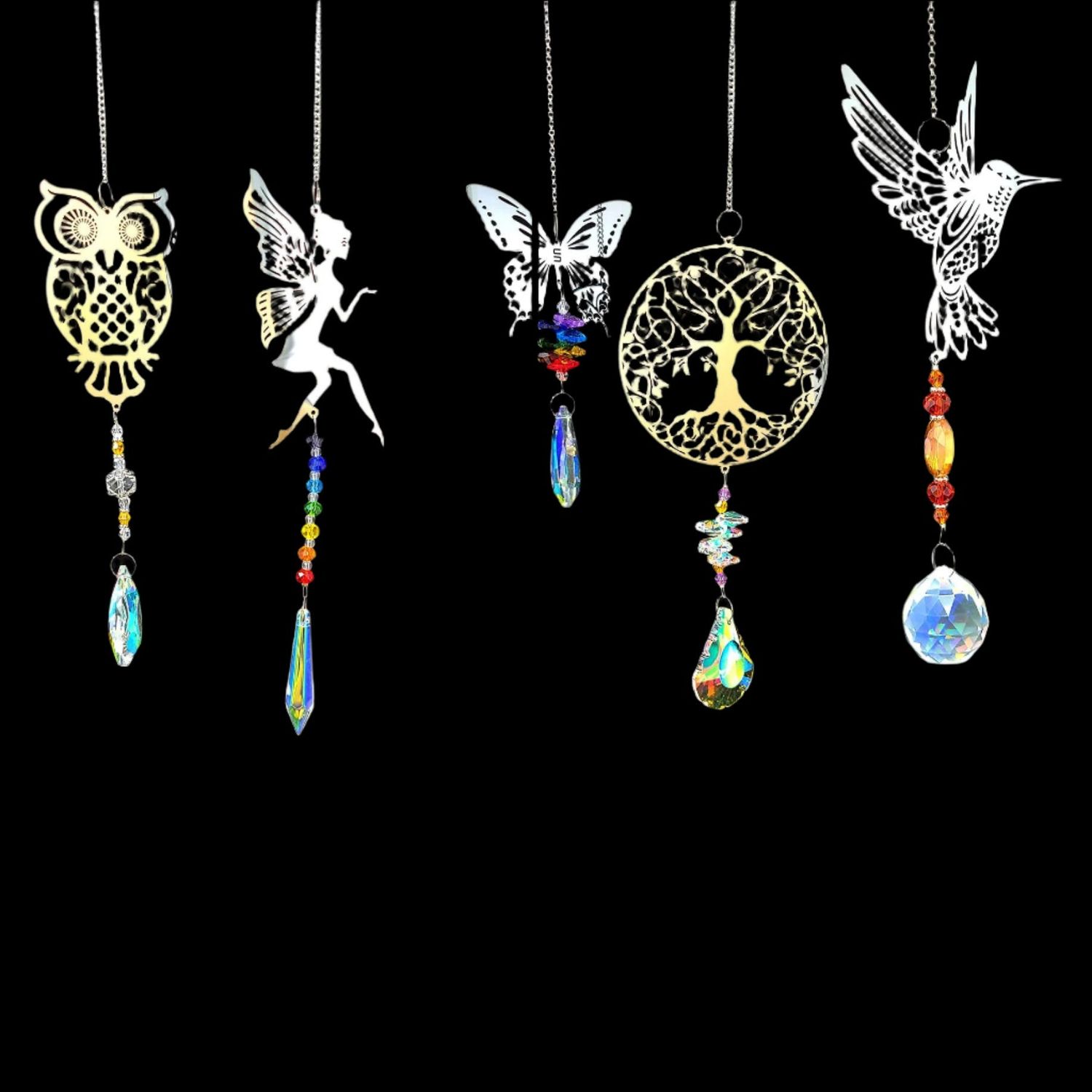 12-24&quot; Sun Catcher Set - Colored Tree of Life, Owl, Hummingbird, Fairy &amp; Butterfly (Set of 5), SKU …
