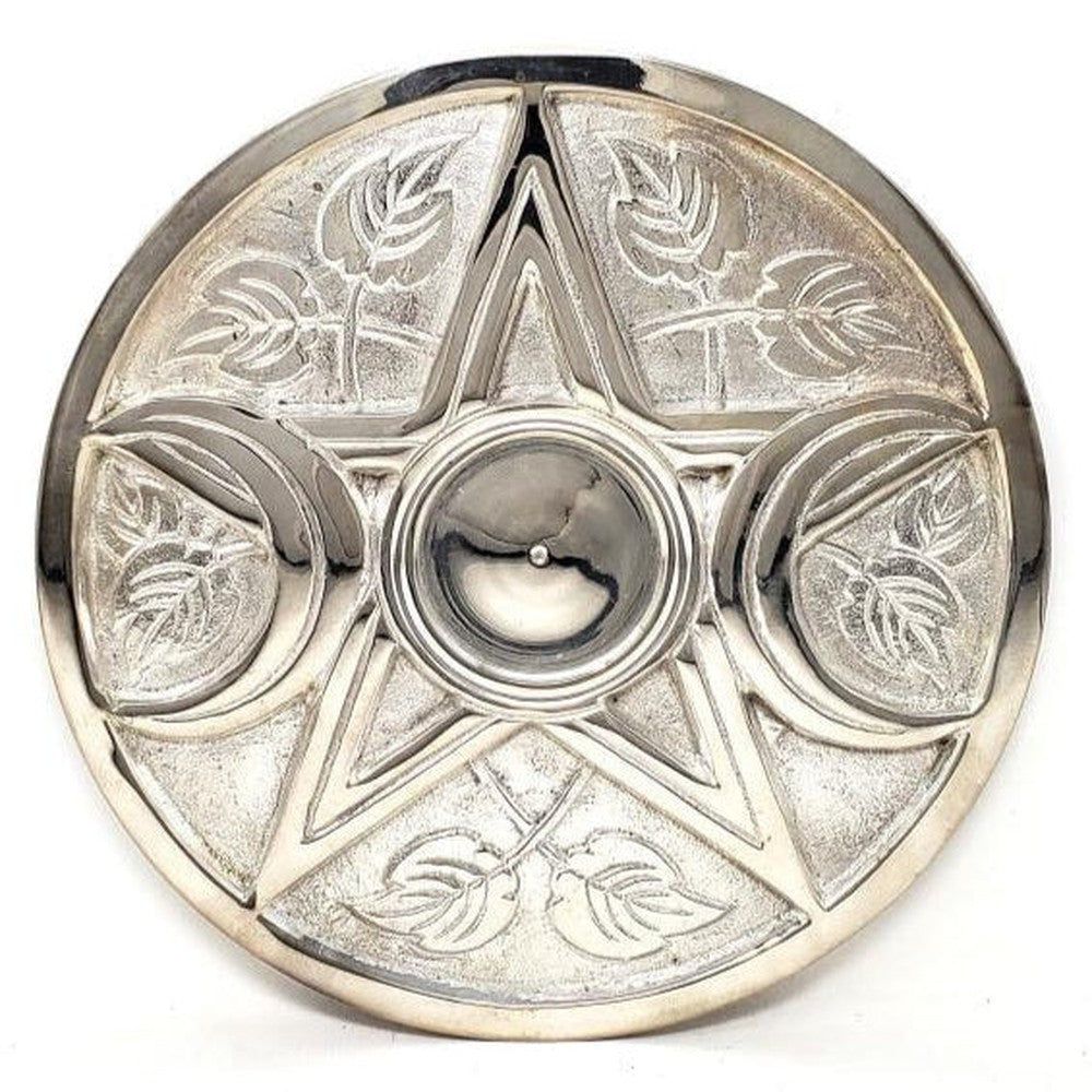 9&quot; Triple Moon Pentagram Silver Plated Solid Brass Altar Tile, SKU 546TG, UPC 700317307402