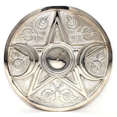 9&quot; Triple Moon Pentagram Silver Plated Solid Brass Altar Tile, SKU 546TG, UPC 700317307402