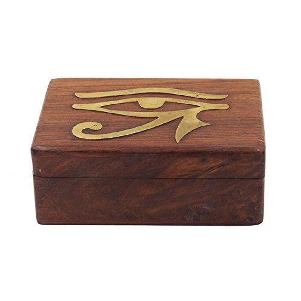 4&quot; x 6&quot; Eye of Horus Brass Inlay Wood Box, SKU G07-32-B46E, UPC 700317383789