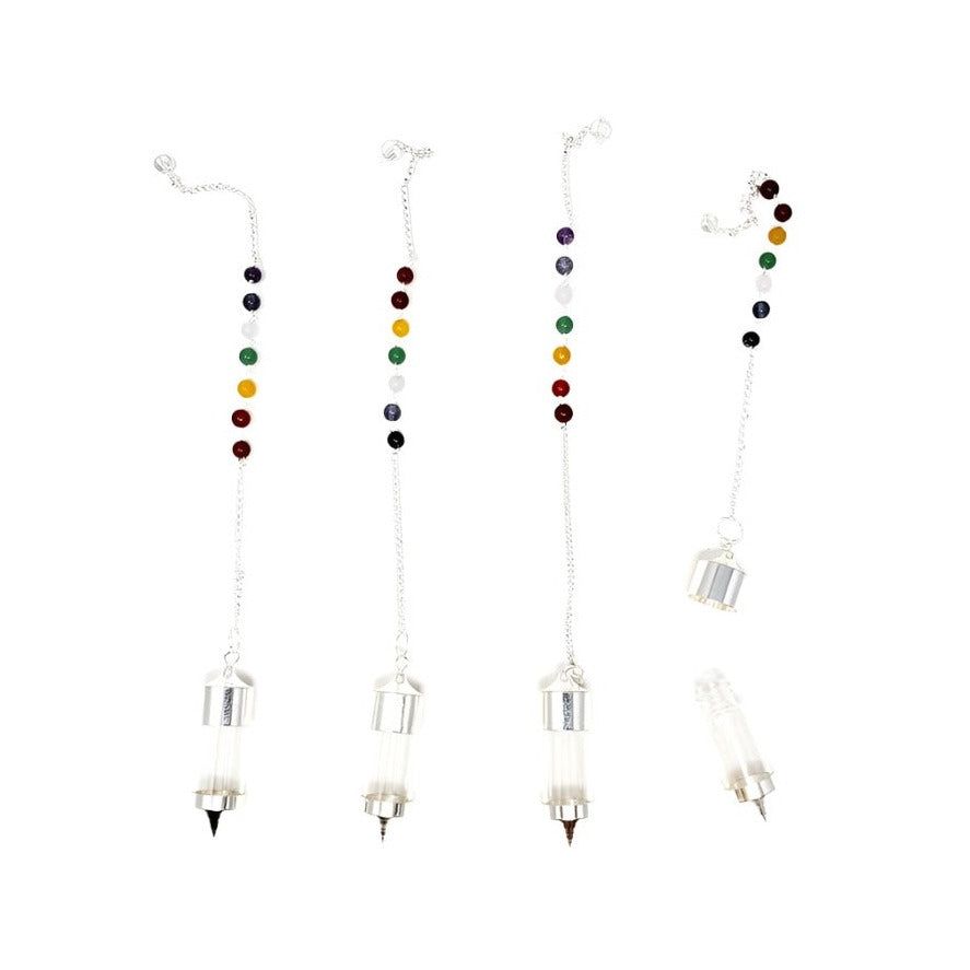Chambered Pendulum - Silver Clear Vial with Chakra Chain, SKU PEND-A-200, UPC 700317307167
