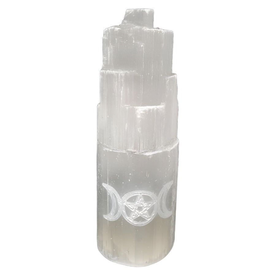 4&quot; Selenite Iceberg with Carved Triple Moon Pentagram, SKU SELTW-10-TMP, UPC 700317303916