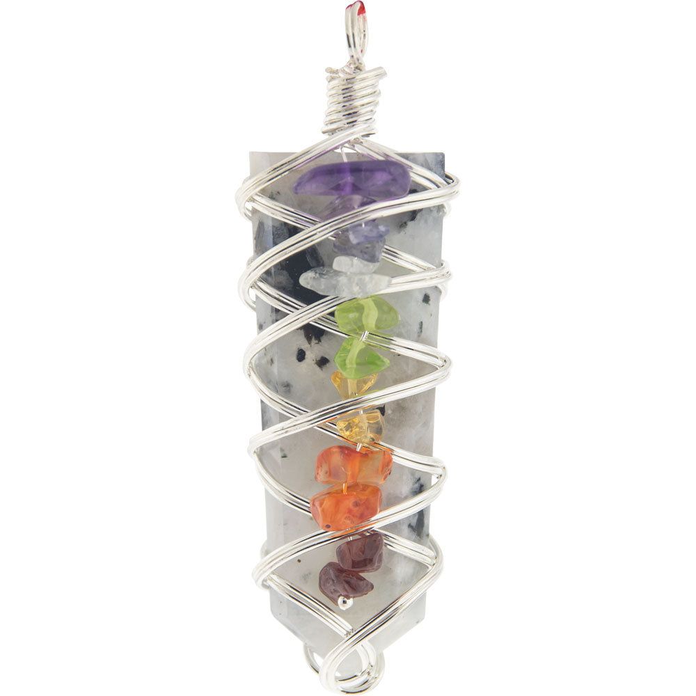 2.5&quot; Wire Wrapped Flat Pencil Point Pendant - Rainbow Moonstone with Chakra Chips, SKU KH-99461, UP…