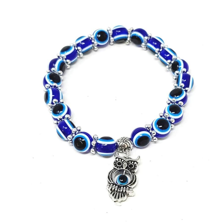 8 mm Elastic Bracelet Round Beads - Evil Eye with Owl Charm, SKU T00-Bracelet-12, UPC 700317381297