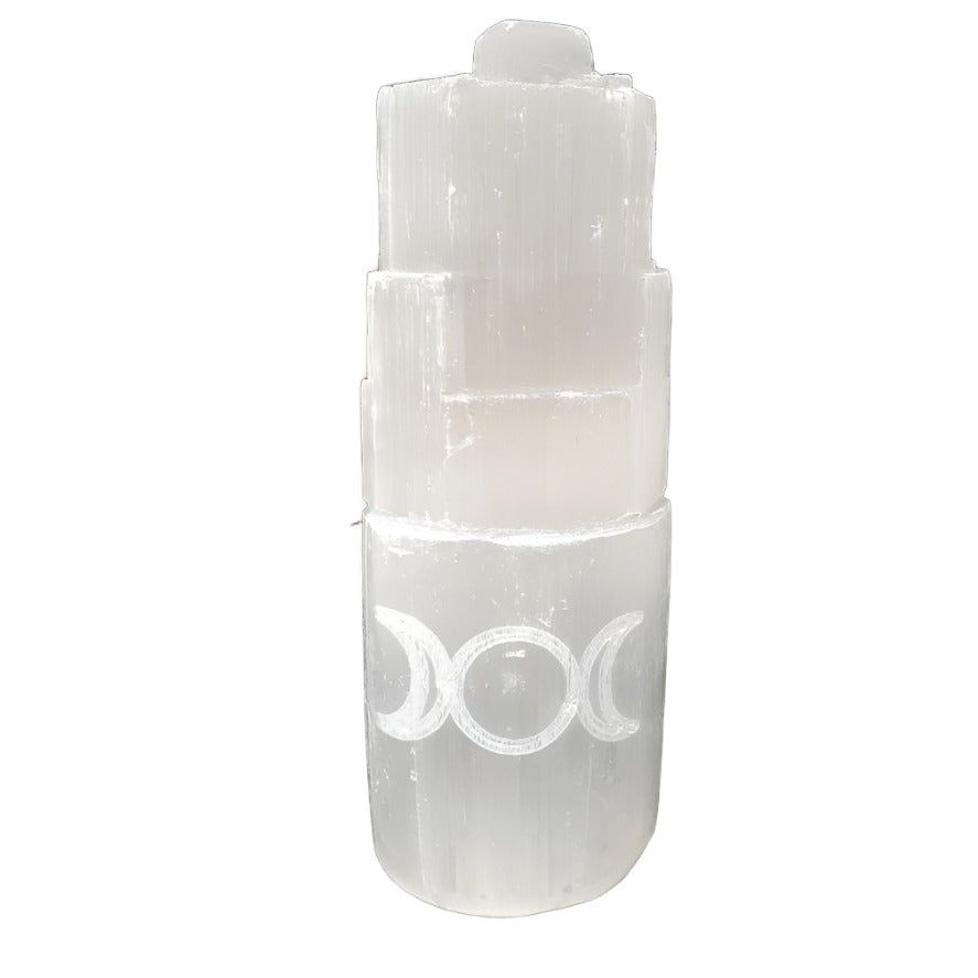 4&quot; Selenite Iceberg with Carved Triple Moon, SKU SELTW-10-TM, UPC 700317303923