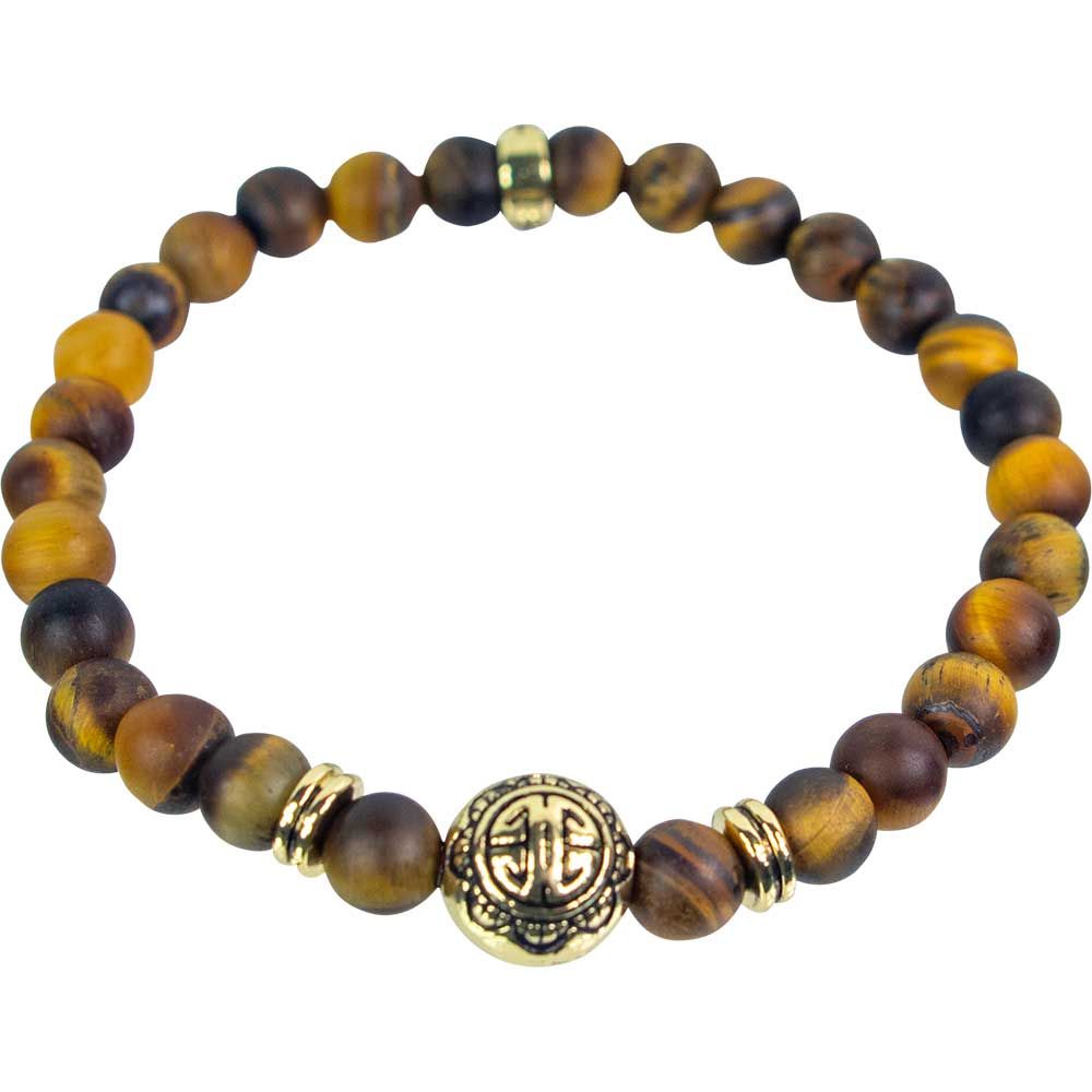 6 mm Elastic Bracelet Round Beads - Yellow Tiger Eye with Gold Accent Beads, SKU KH-98421, UPC 7003…