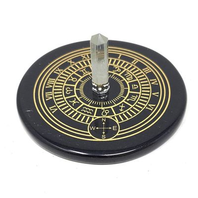 3&quot; Black Agate Altar Tile - Zodiac Sun Clock with Crystal Quartz, SKU S06-36-COAST-14, UPC 70031737…