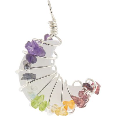 1.5&quot; Wire Wrapped Crescent Moon Pendant - White Agate with Chakra Chips, SKU KH-99459, UPC 70031735…