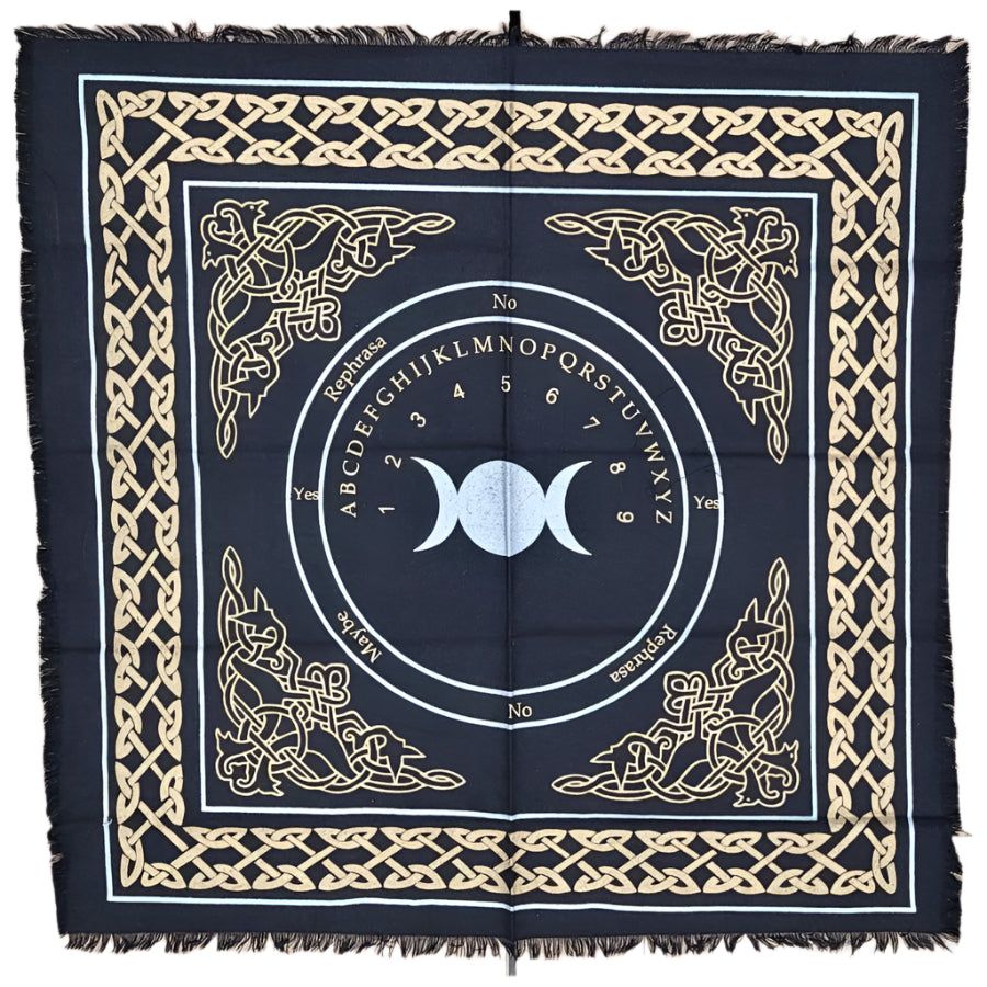 24&quot; Satin Altar Cloth - Triple Moon Ouija Board on Black &amp; Gold, SKU SC101, UPC 700317302421