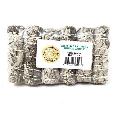 4&quot; Thyme &amp; White Sage Smudge Stick, SKU L01-10-THWS4-1, UPC 700317378327