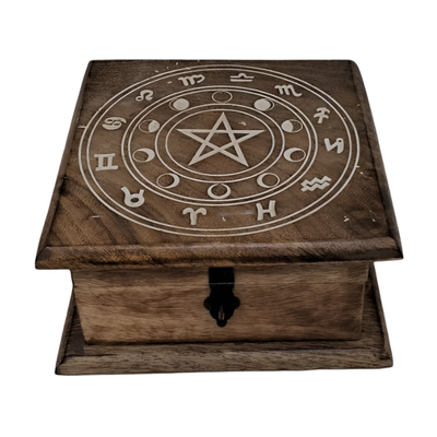 7&quot; x 7&quot; Carved Wood Box - Zodiac Moon Phase Pentagram, SKU MT14, UPC 700317418580
