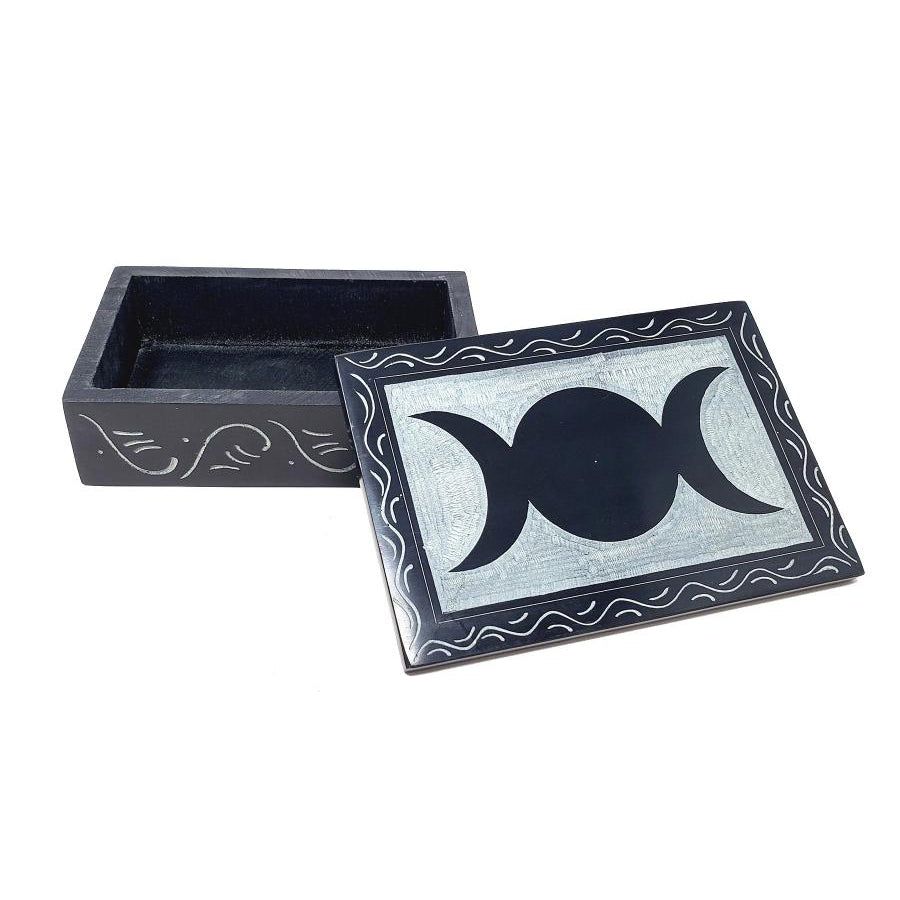 4&quot; x 6&quot; Triple Moon Carved Soapstone Box, SKU 043-73, UPC 700317304555
